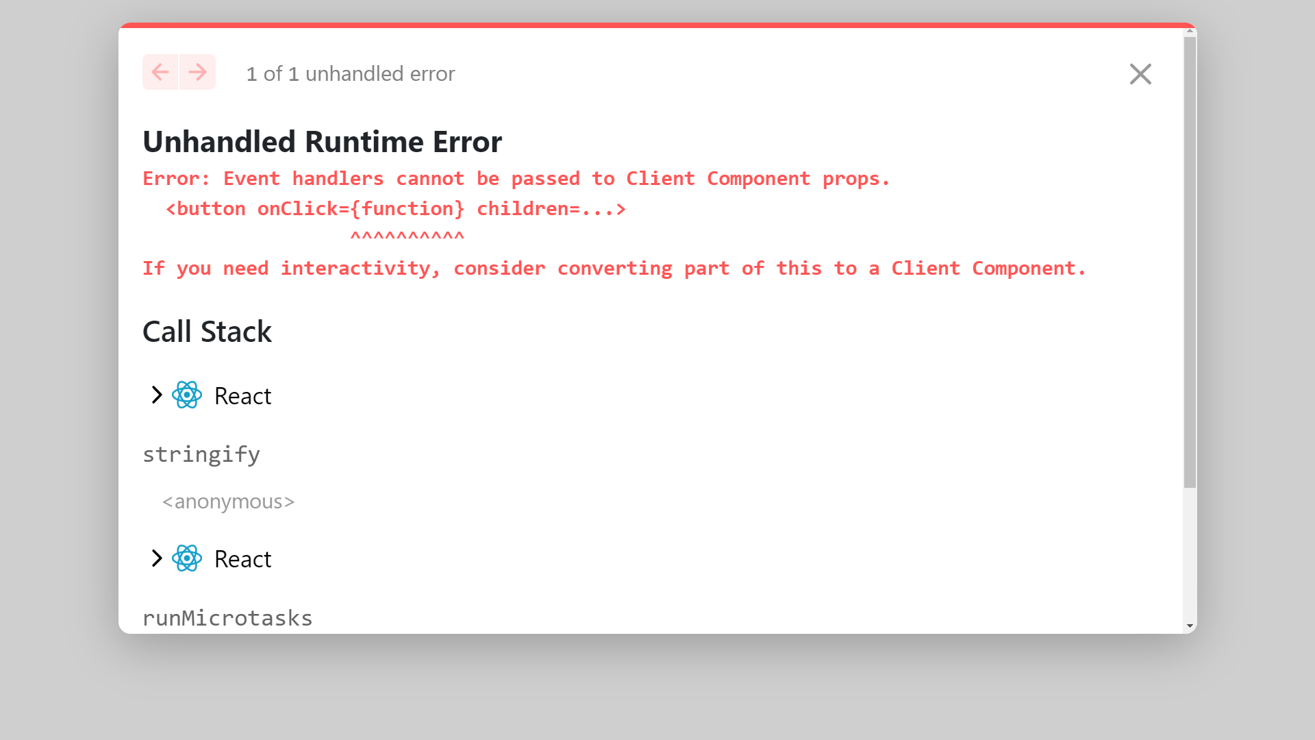 Error displayed when using client only code in a component without the use client directive