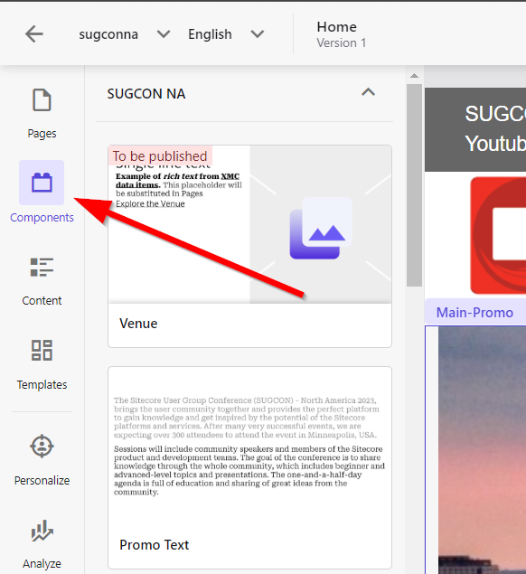 Components tab in XM Cloud Pages screen